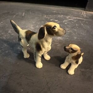 Vintage‎ Ceramic Dog Figurines 2" Mother Puppy Brown White Collectible Decor